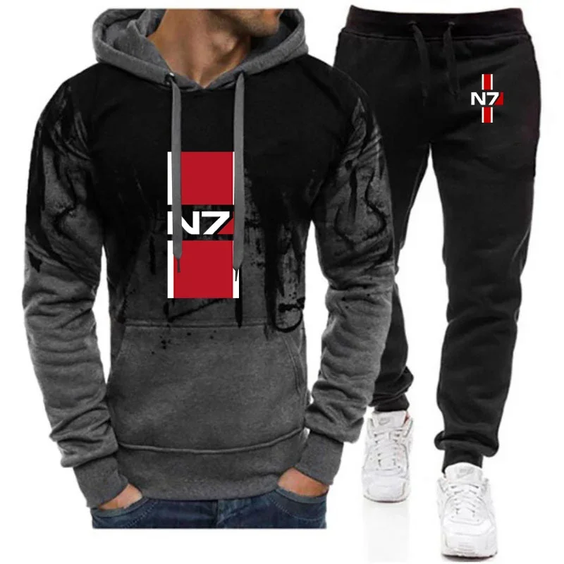 N7 Mass Effect 2024 Men's New Gradient Color Tracksuit Sportwear Hooded Sweatshirt Tops + Pants Pullover Suit Casual Clothes