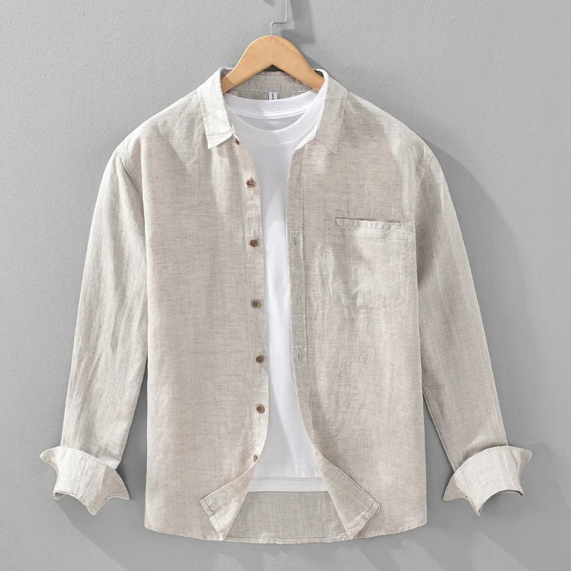 

Spring/Summer Yarn-Dyed Lyocell Linen Long-Sleeve Shirt for Men Breathable High-End Casual Square-Collar Linen Shirt
