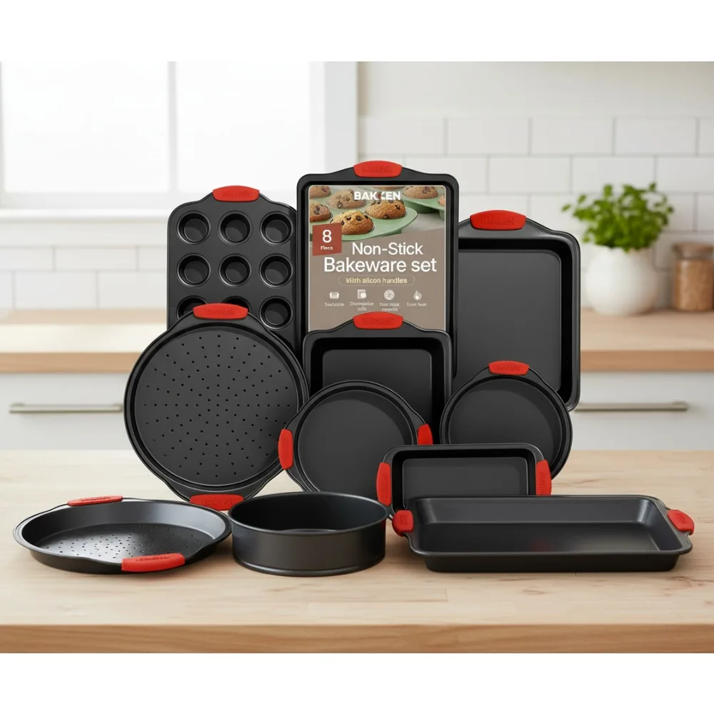 

Набор для выпечки из 8 предметов с антипригарным покрытием — формы для выпечки из углеродистой стали с красными ручками — безопасный для духовки для домашней кухни