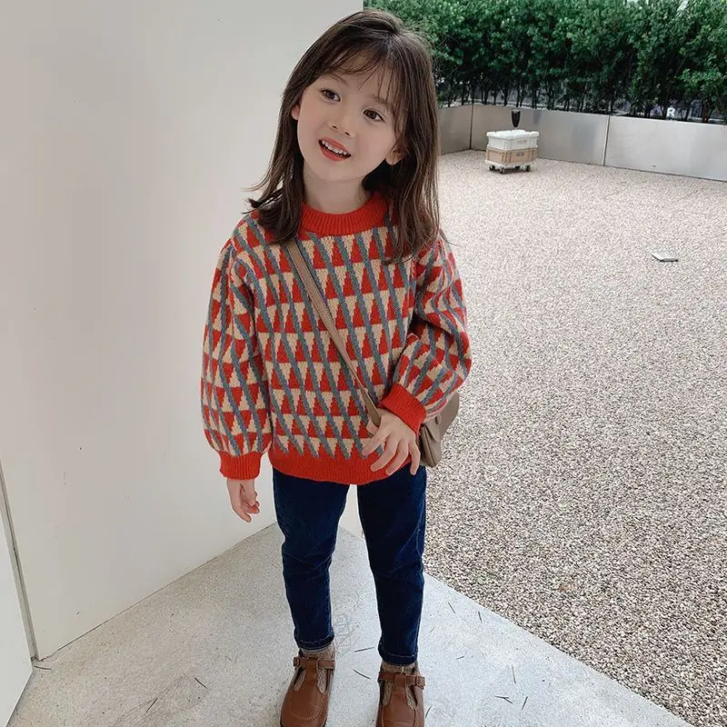 Autumn Winter Baby Girl Sweater Cotton Contrast Geometry Thicken Warm Toddler Girl Pullovers Outwear Knitted Kid Girl Bottom Top