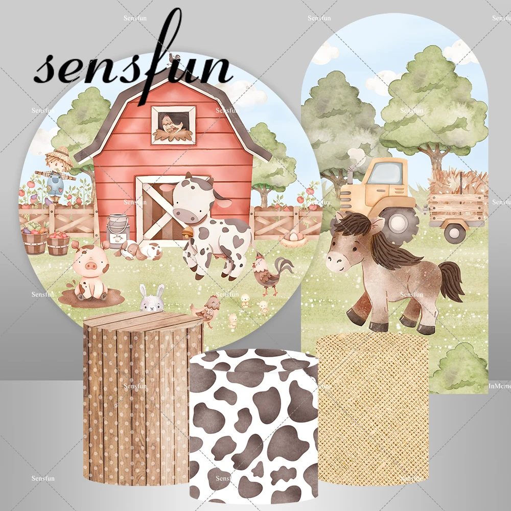 Couverture de toile de fond ronde personnalisée pour enfants, thème de ferme de grange, animaux de bande dessinée, vache, cheval, arche de Chiara, arrière-plans de fête d'anniversaire