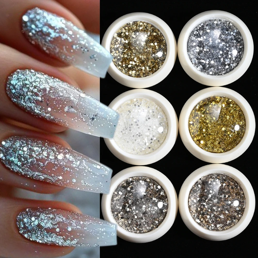 6Jars Laser Gold&Silver Nail Glitter Sequins Pigment Holographic Chrome Rubbing Dust Mixed Hexagon DIYManicure Decoration Flakes