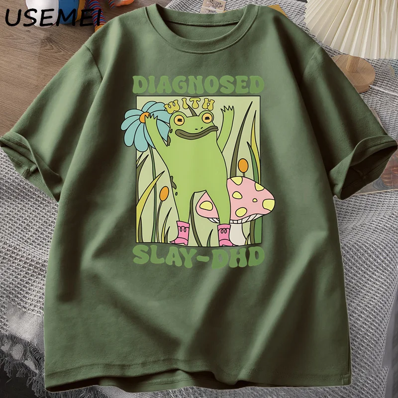 Funny Frog Diagnosed with Slay-DHD T-shirt Mens Groovy Frog Meme T Shirt Mental Health Tshirt Male Clothes Unisex Overszied Tops