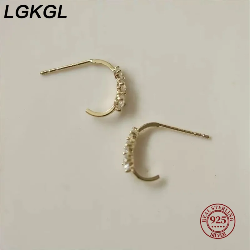 LGKGL S925 Sterling Silver Gold Plated Earrings for Women with Graduated Three Zircon Stones Micro-Paved Simulated Ear Cuff view 4