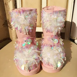 Bling Pearls Sequins Floral Kawaii Snow Boots Winter Shoes Woman Pink Cow Suede Leather Fur Plush Lined Flat Warm Shoes Female