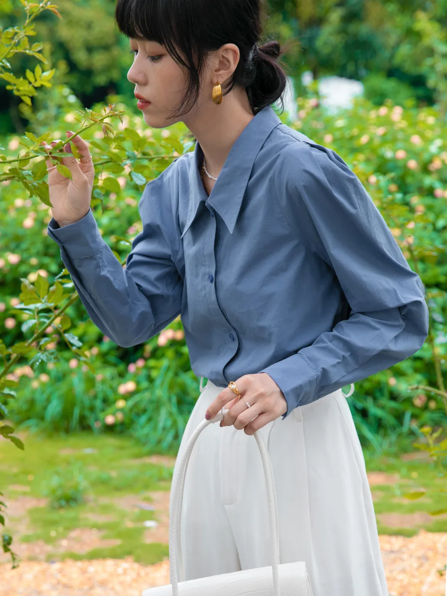 

Синяя женская рубашка из чистого хлопка с длинными рукавами, винтажная, цветная, с квадратным воротником, универсальный простой дизайн, летняя новинка