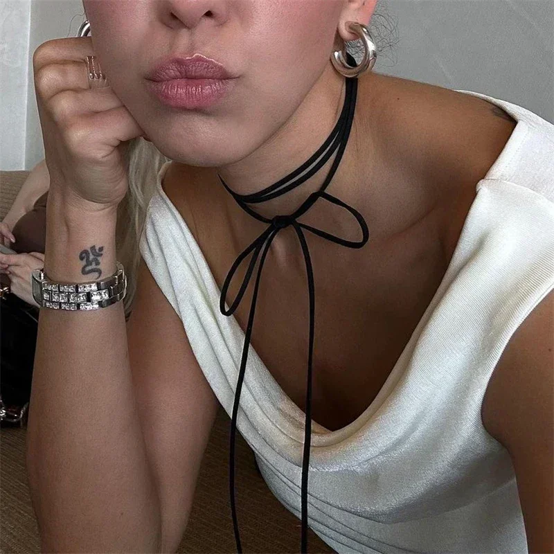 Bowknot Rope Chain Necklace Black Velvet Pendant Choker Necklace for Women Elegant Weave Knotted Bowknot Adjustable Chain Y2k