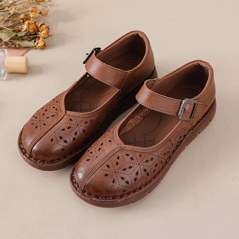 

New natural leather sandals women's hollow out flats shoes woman luxury mary jane sandal female strap loafer lady shallow flats