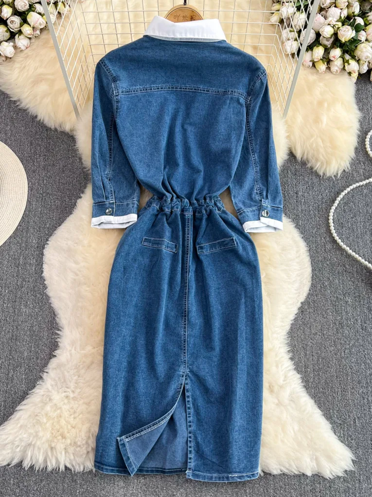 Foamlina Casual Women Denim Drss Elegant Shirt Patchwork Half Sleeve Buttons Pockets Draw String Lace-up One Piece Jeans Dress