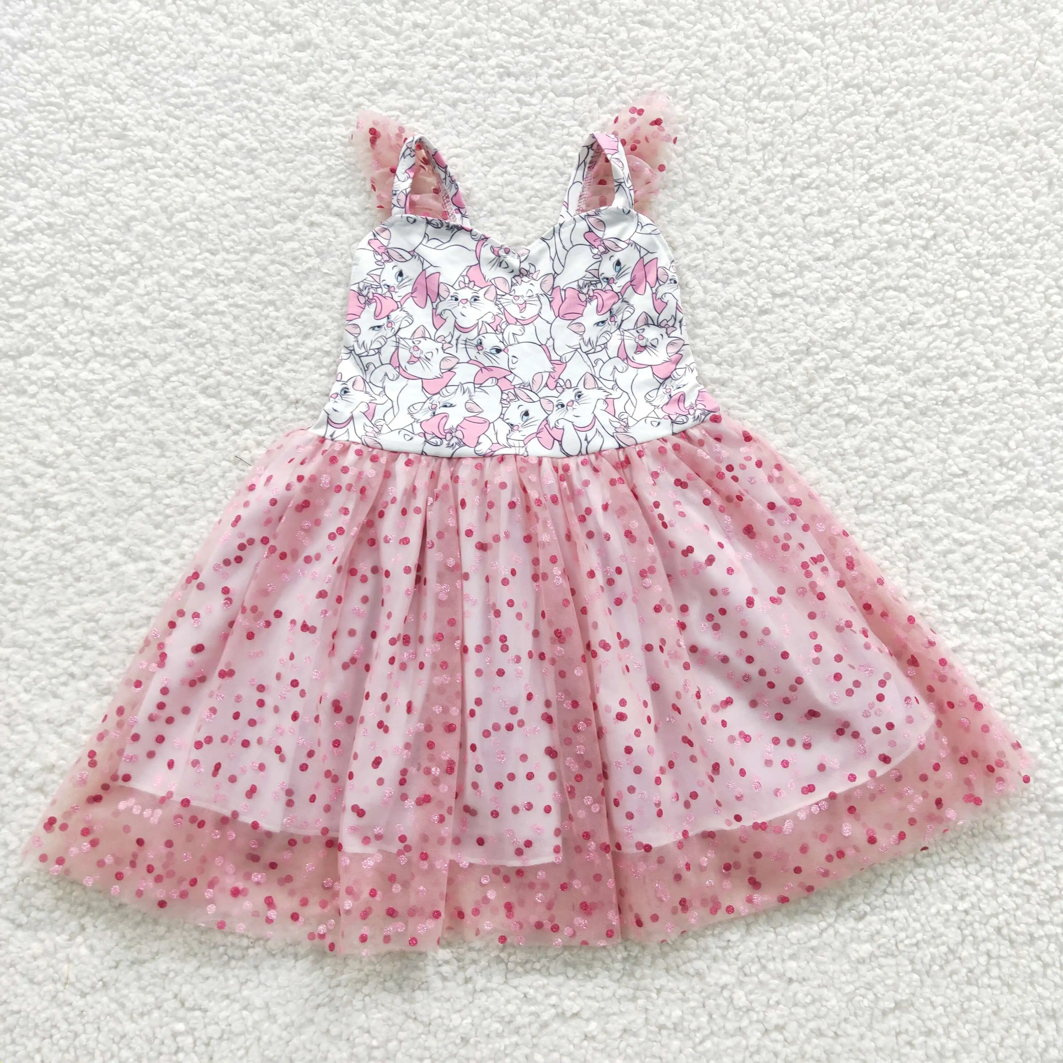 

GSD0360 Toddler Girl Summer Clothes Flutter Sleeve Cat Print Milk Silk Kids Fashion Dresses