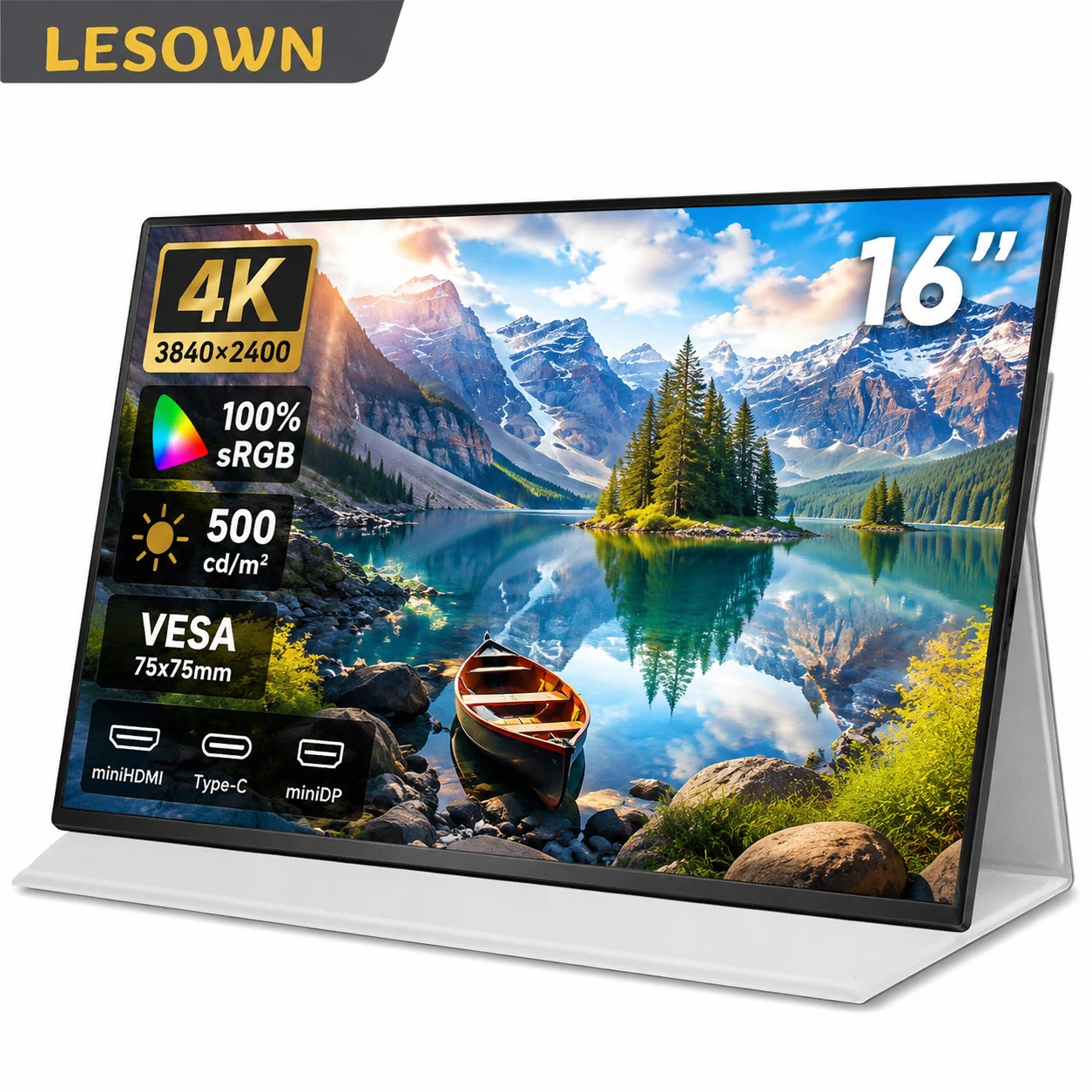 LESOWN 16'' 4K Portable Screen 16:10 Aspect Ratio 3840*2400 500Nits Brightness Full Function Type-C Mini DP External Display