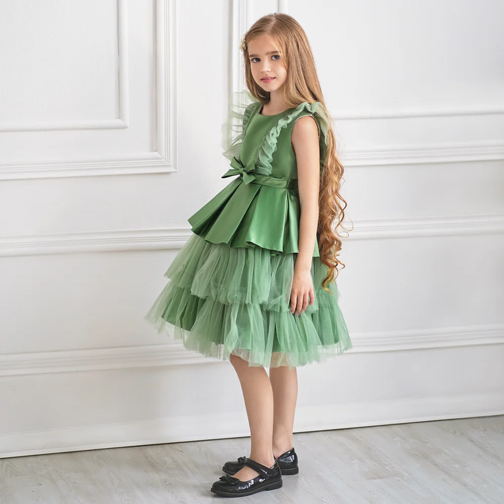 Girls tiered tulle dress, children's pleated bow princess dress, wedding flower girl dress, birthday party performance dress