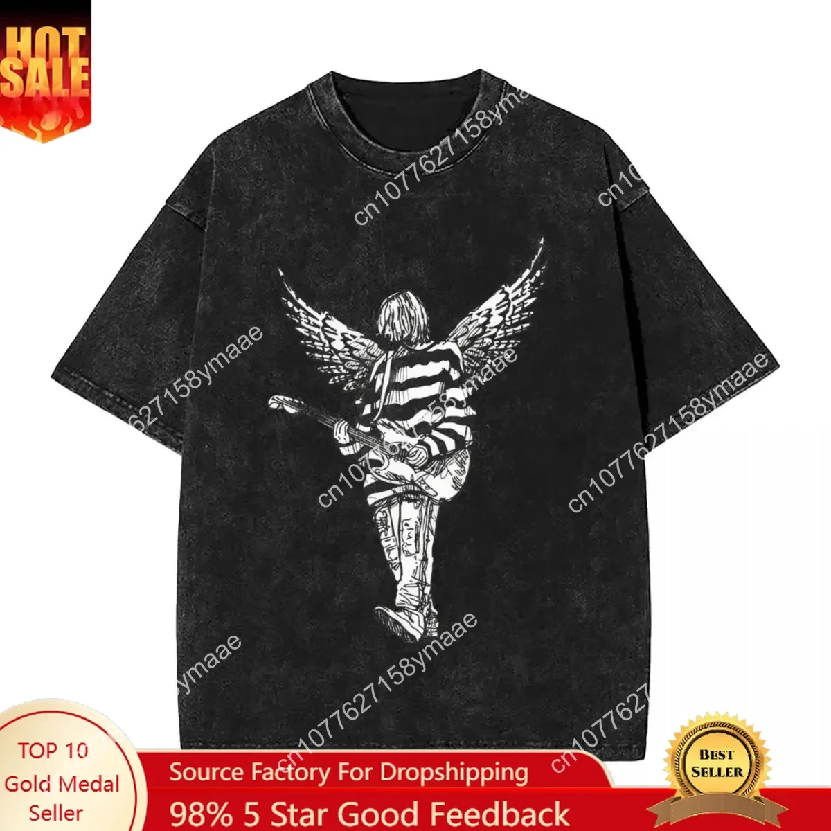 

Kurt Cobain Guitar Angel Washed T Shirts Streetwear Hip Hop Retro T-Shirts Tees Tops for Men Women Women Cotton High Street Summ