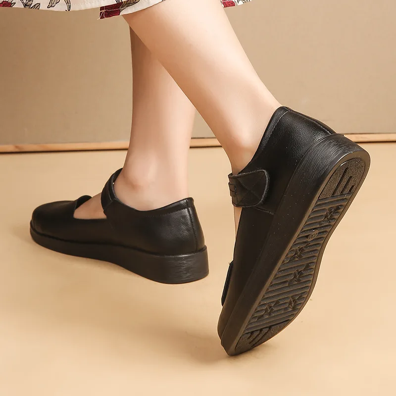 black flat spring shoes comfortable elderly woman mary jane flats ladies 1980s retro student uniform office shoes big size 42