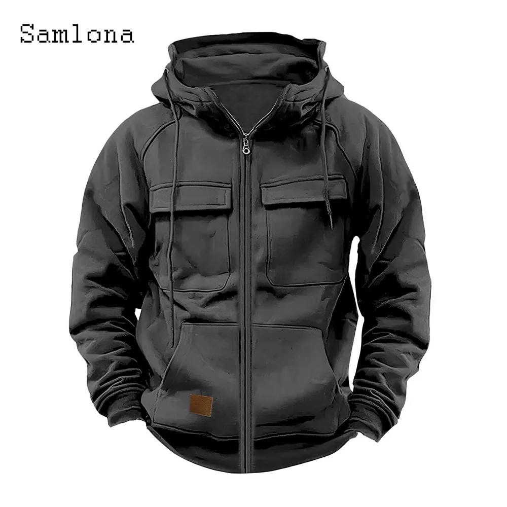 2024 Men Vinatge Zipper Pocket Jackets Long Sleeves Outdoor Basic Jacket Solid Dark Khaki Hooded Coats Men's Cargo Outerwear New