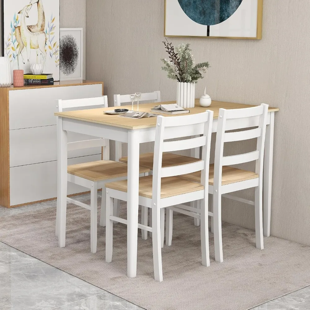 Farmhouse Kitchen Table and 4 Chairs with Rubber Wood Legs, Space-Saving Wooden Dinette Set for Small Space, Dining Room