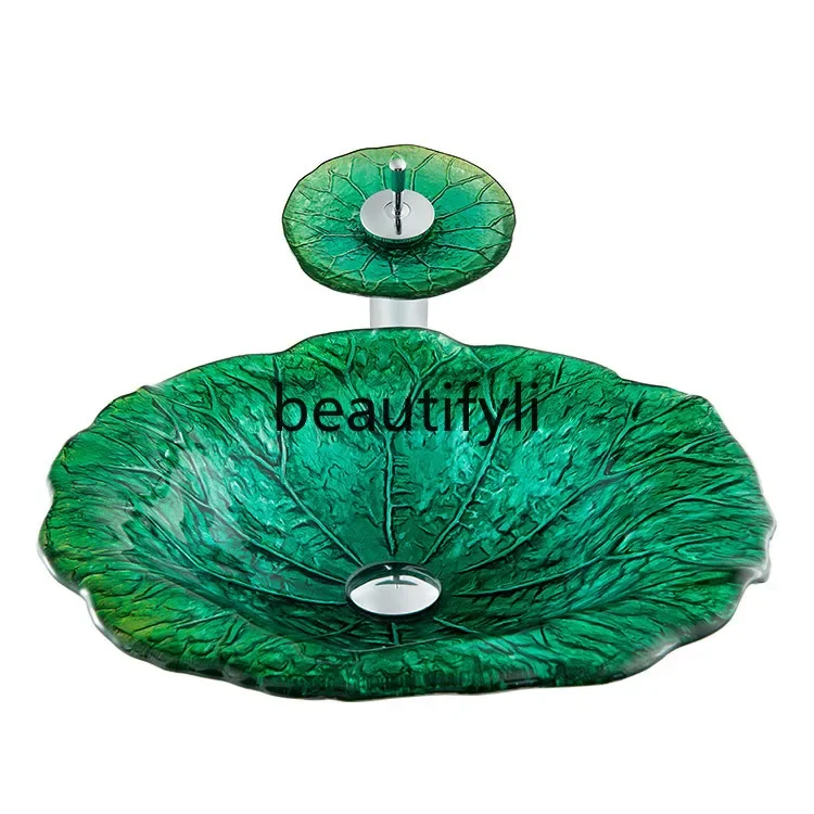 

ss Bathroom tempered glass art table basin lotus leaf wash basin B & B hotel face wash basin 03A