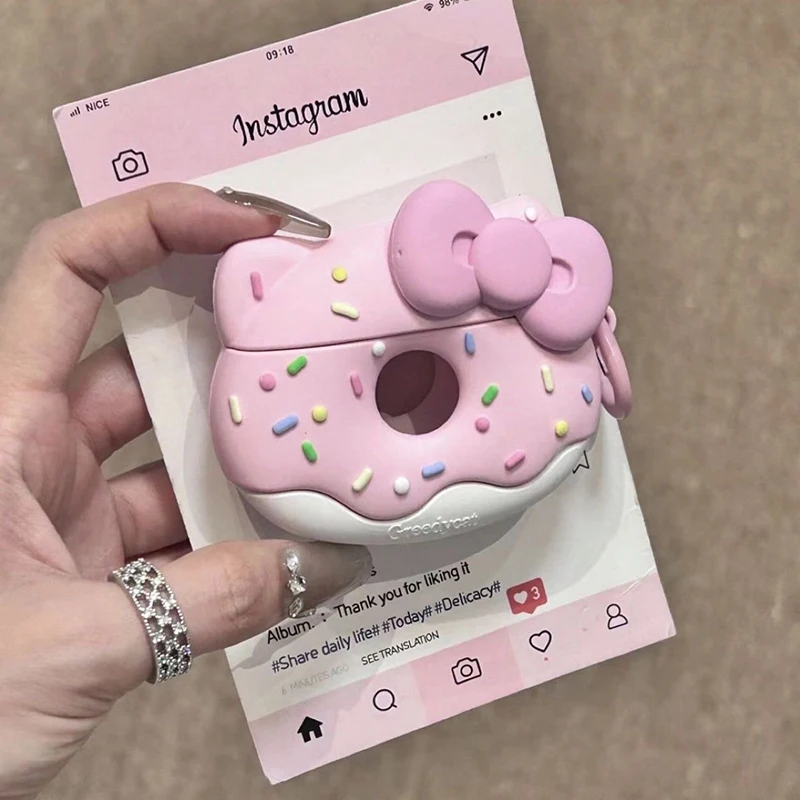 Sanrio Sweet Donut Bow Hello Kitty Airpods Pro2 Earphone Case Bluetooth Earphone Kawaii Airpods1 2 3 Pro Protective Shell Girl ﻿