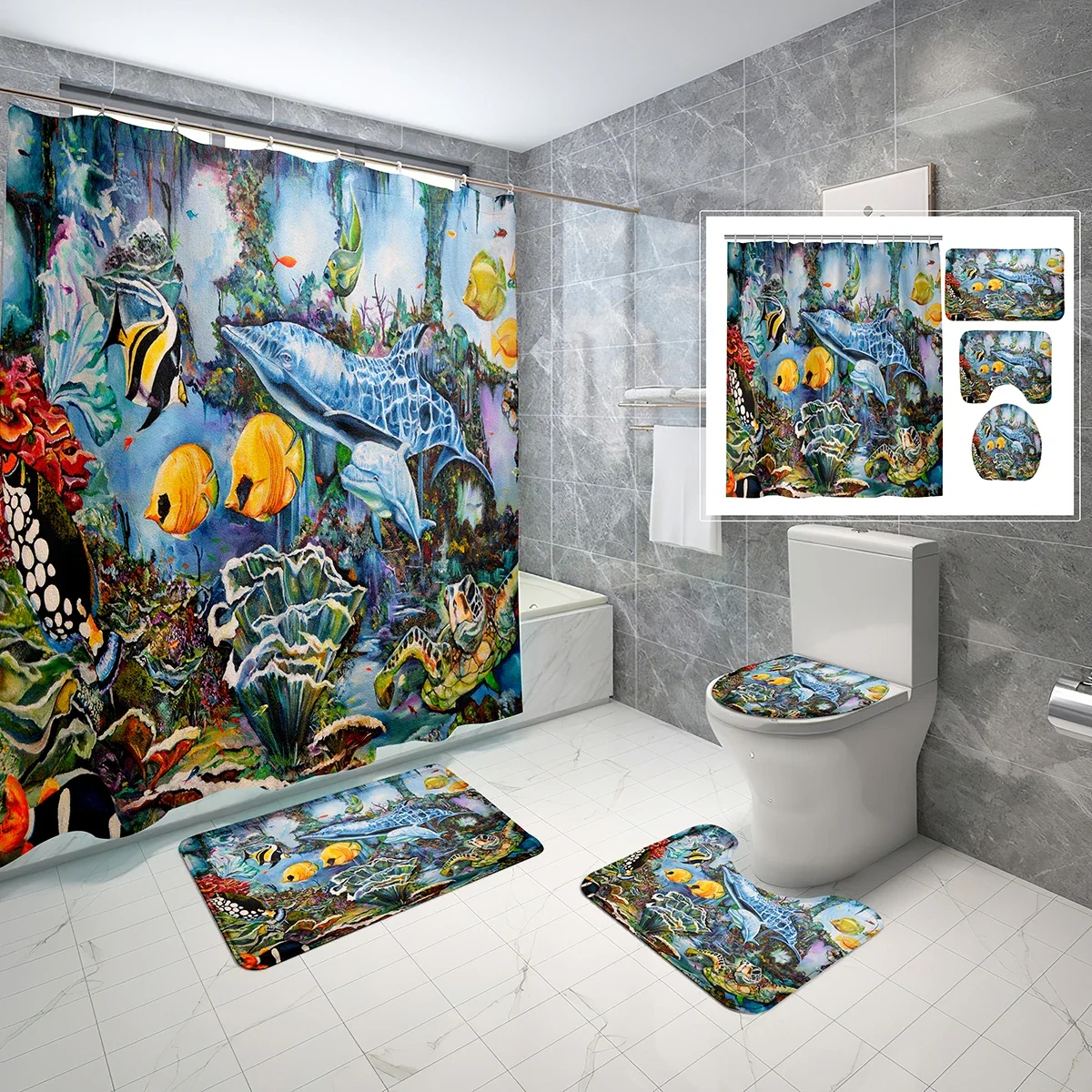 4 Pcs Oil Painting Fish Shower Curtain Set with Non-Slip Bath Mat,Toilet Lid Cover and Abstraction Water Fish Shower Curtain Set