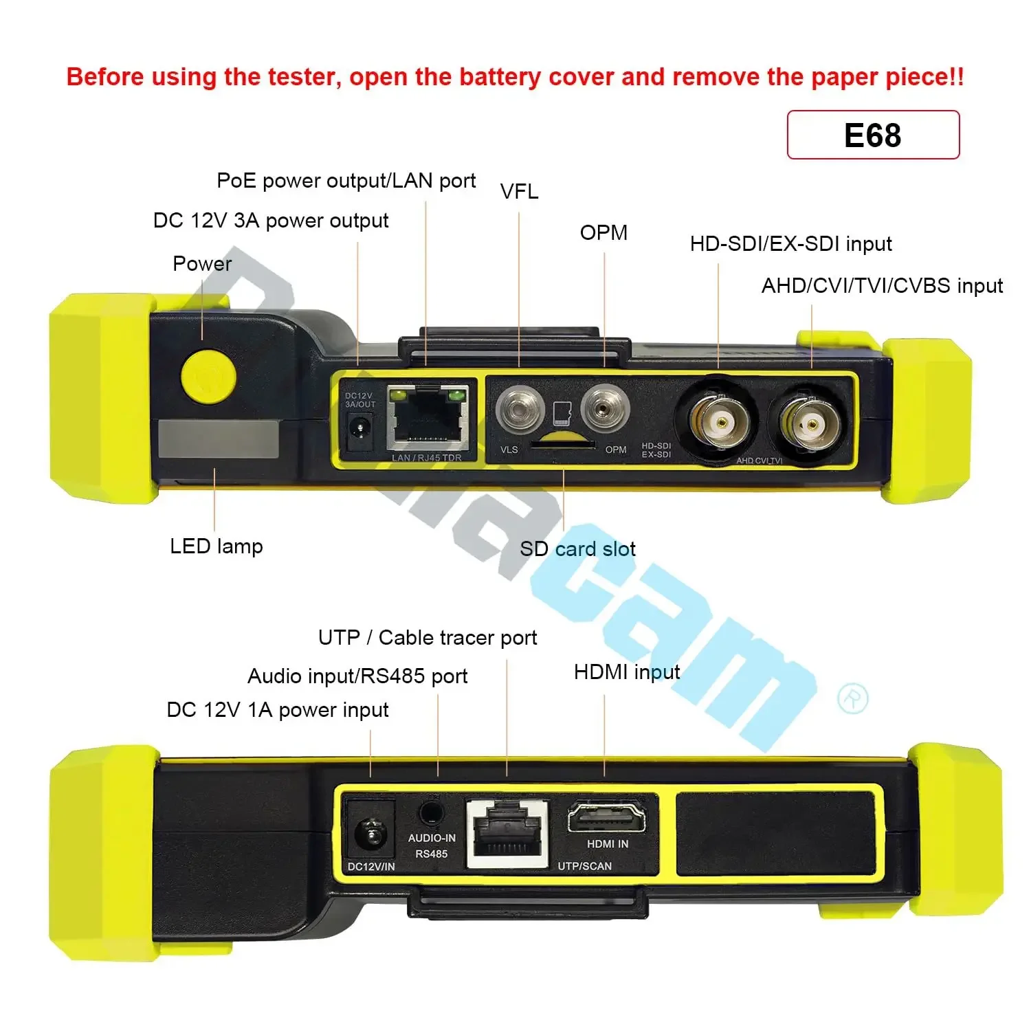 CCTV Tester E68, 5.5 Inch IPS Touch Screen 4K IP Camera Tester, 8MP AHD CVI TVI CVBS, Optical Power Meter, VFL, Cable Tracer