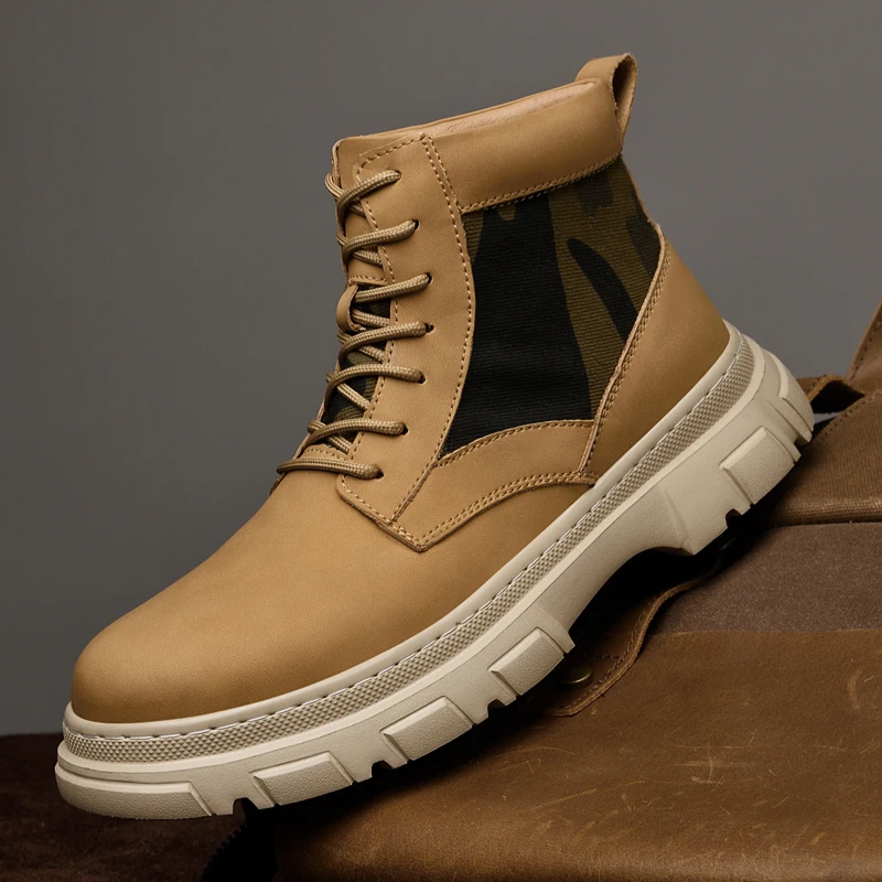 جلد طبيعي الرجال دراجة نارية الأحذية أربعة مواسم عالية أعلى الأحذية في الهواء الطلق أحذية المشي لمسافات طويلة غير رسمية موضة حذاء من الجلد المضادة للانزلاق بوتاس