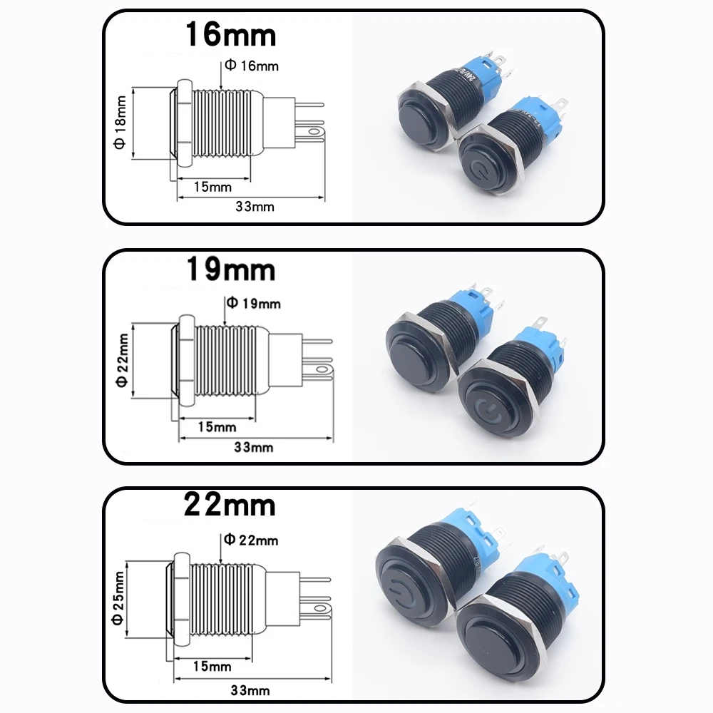 Interruptor de botón de Metal de 12mm, 16mm, 19mm, 22mm, carcasa negra, encendido de cabeza alta, apagado, arranque, parada, equipo de control de