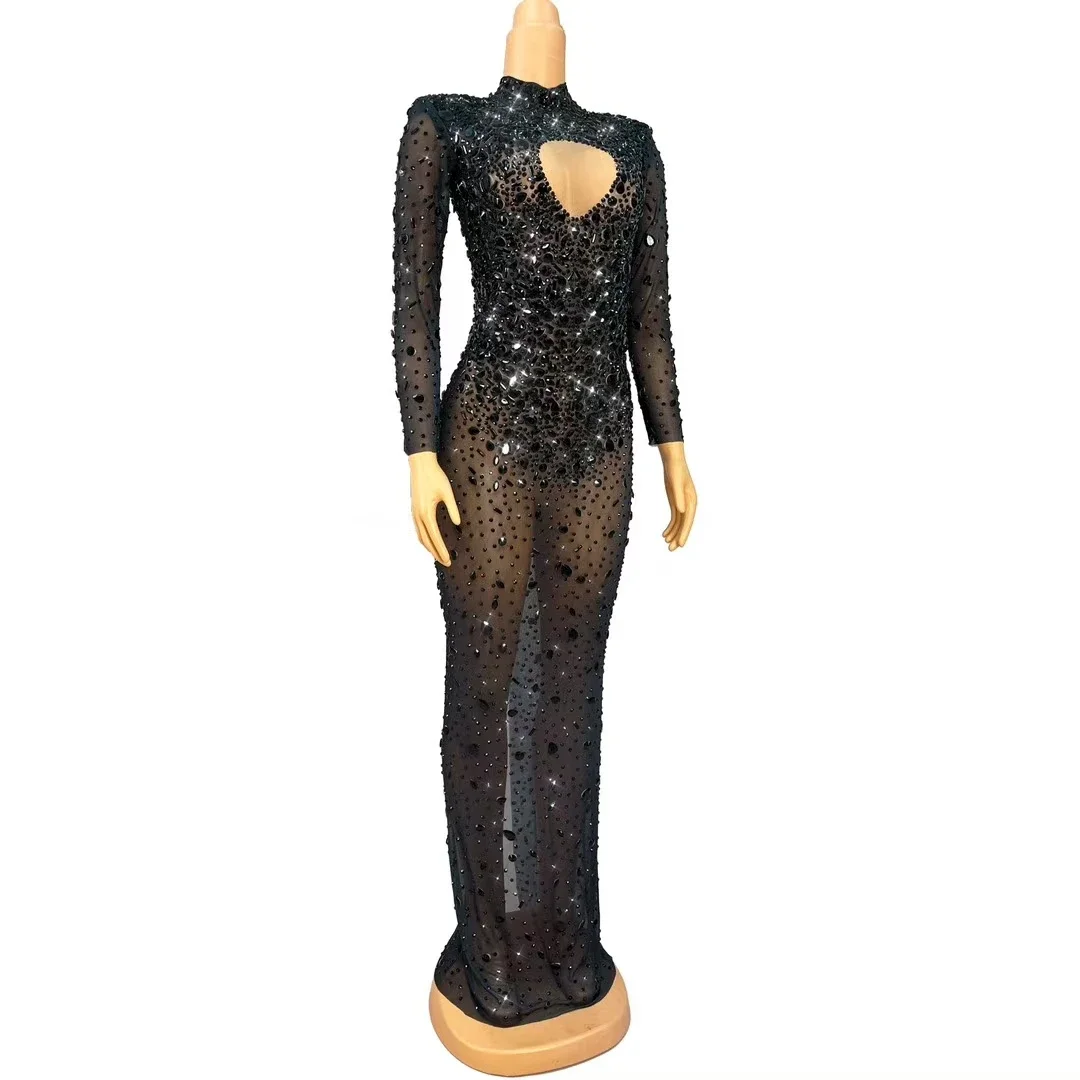 الماس فستان عيد ميلاد أحجار الراين مثير فستان شبكي شفاف كوكتيل حفلة عرض الأزياء المرحلة زي ثوب مسائي أسود