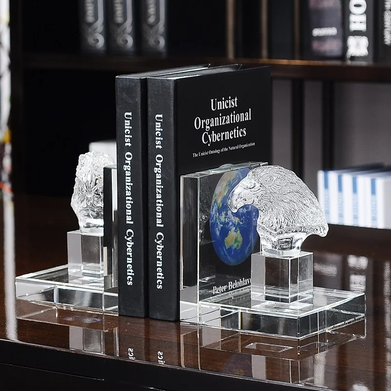 European Clear Crystal Eagle Head Bookends Pair With Square Bottom Base Hand Crafted Standing Embossed Animal Decor Gift