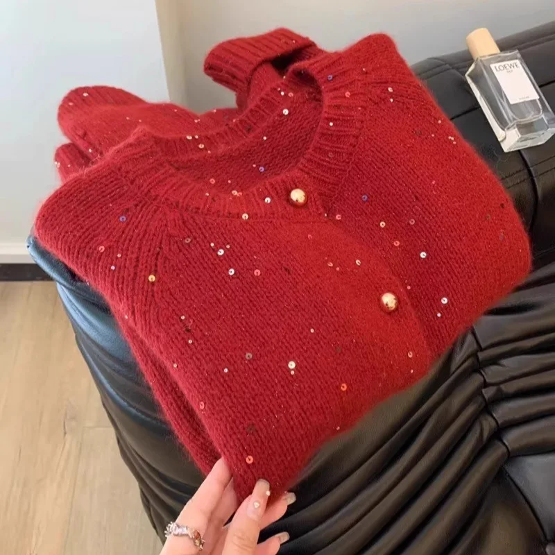 

Chic Sequin Round Neck Sweater Cardigan for Women Autumn Winter Thickened Warm Knitted Coat Christmas Red Loose Sweaters