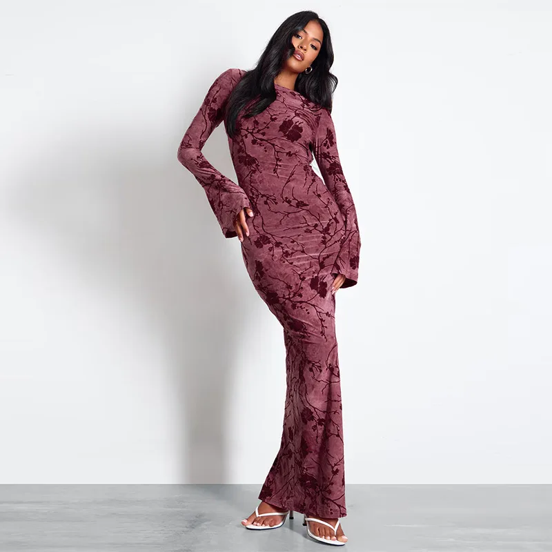 

Fashion Print Dress Women Round Neck Lace-Up Backless Full Sleeve Long Dresses Midnight Prom Party Elegant Vestidos Para Mujer