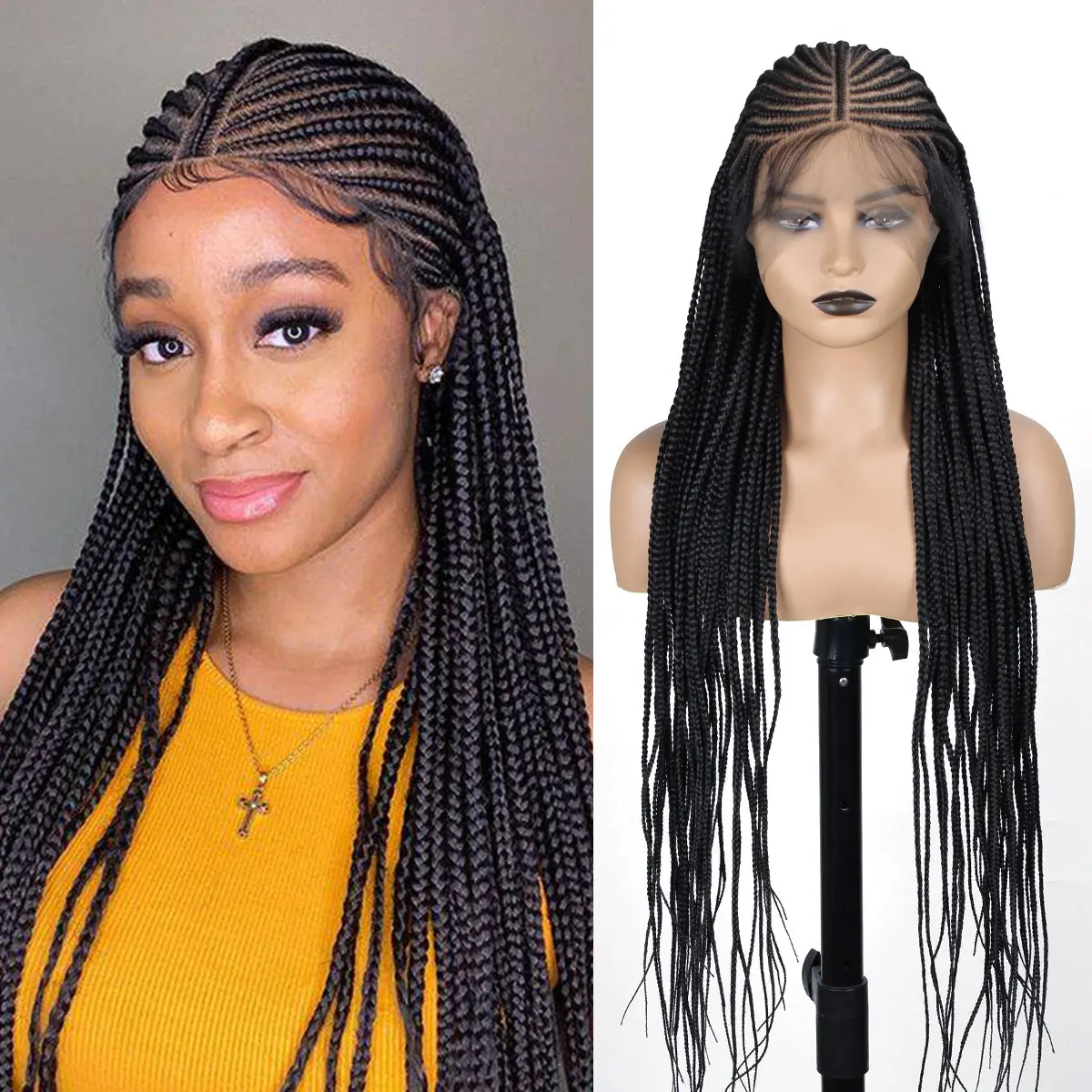 32 بوصة كورنو شعر مستعار مضفر للنساء السود Knotless صندوق الضفائر شعر مستعار دانتيل كامل الجزء الأوسط الطبيعي العميق شعر مستعار اصطناعي مضفر