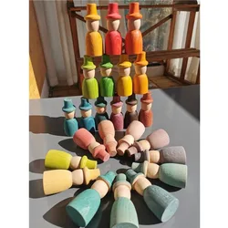 Rainbow Wood Peg Dolls Pastel Color  Wizard Figures Montessori Toy For Kids Block Play