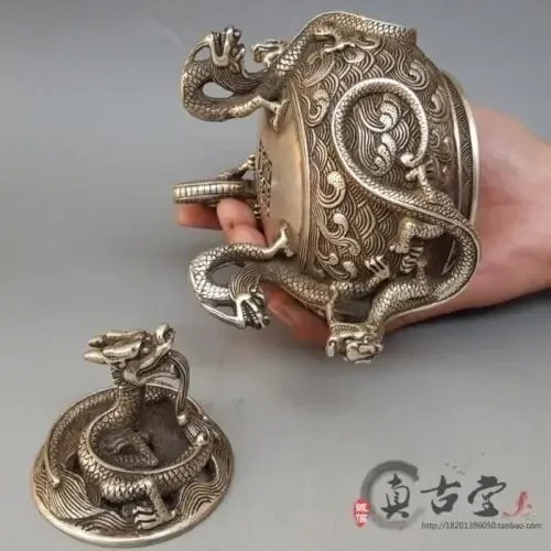 Chinese Silver Copper Hand-Carved Dragon Incense Burner XuanDe Mark