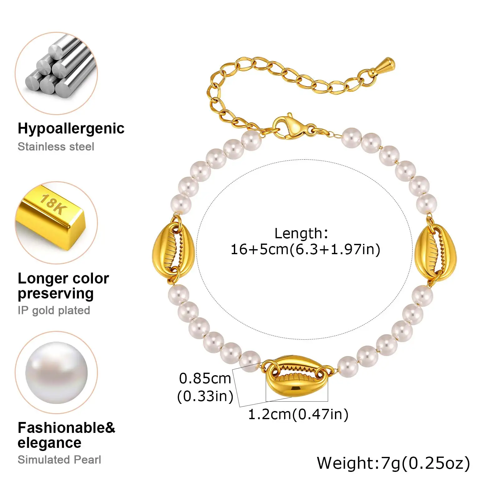 Vnox New Boho Gold Plated Imitation Pearl Shell Bracelet for Women, Stainless Steel Bracelet Summer Beach Style Jewelry Gifts