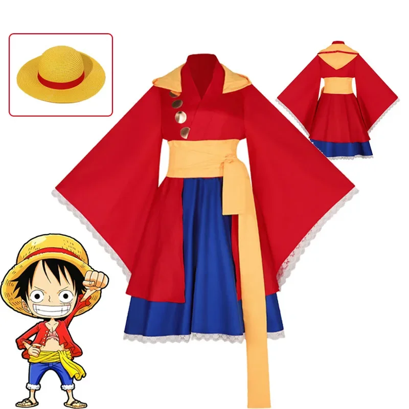 Anime Monkey D. Luffy cosplay kimono costume Luffy sex reversion adult neutral red dress straw hat outfit Halloween fantasy set