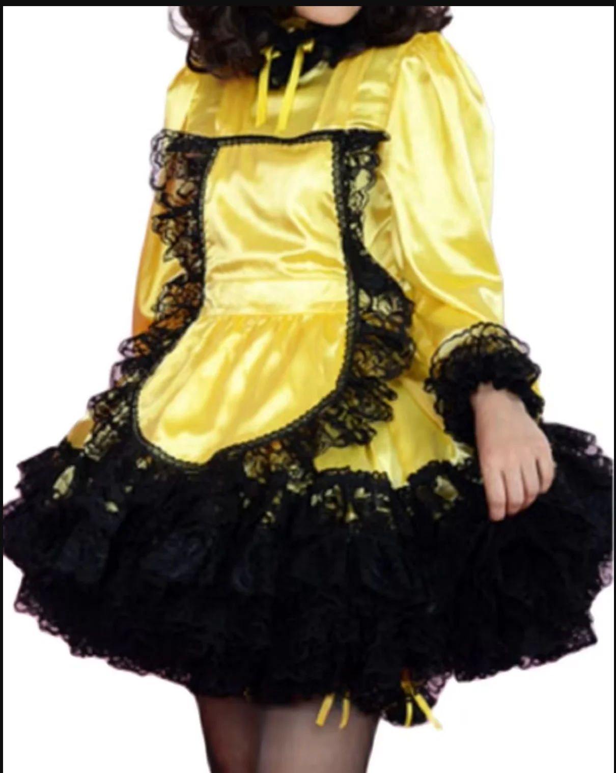 

Bright Yellow Satin Black Lace Patchwork Independent Apron With Long Sleeves Middle Neck Multiple Layers Of Fluffy Cross Straps