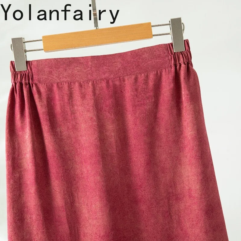 YOLANFAIRY 100% Real Mulberry Silk Skirt Woman Summer High Quality Watered Gauze Skirts Long Women Elastic Waist Straight Skirt