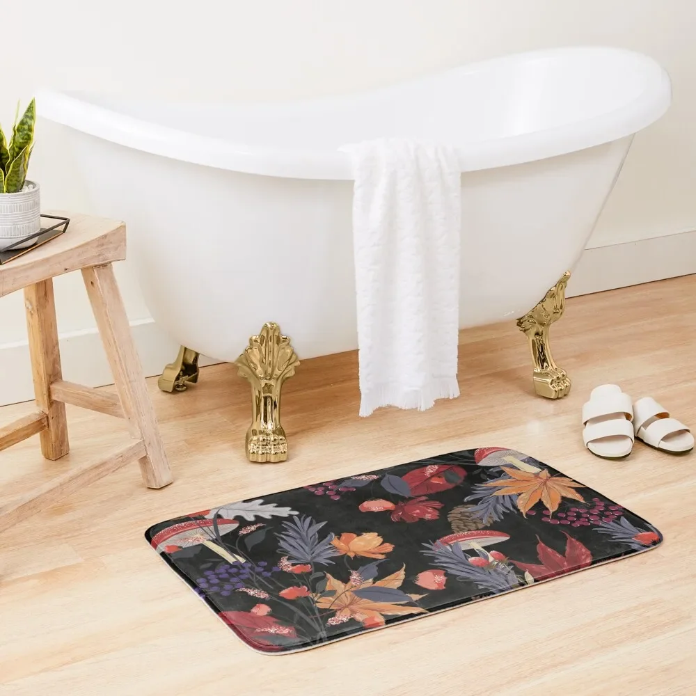 

Autumn Mushroom Garden Black Background Bath Mat Rug Foot Anti-Slip Carpet Non-Slip Bathtub Mat