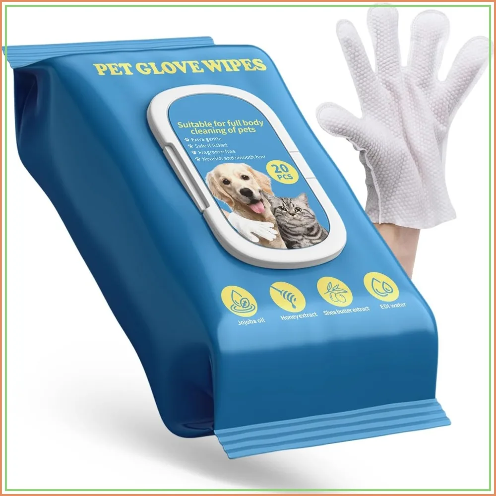 Coconut Scent Pet Glove Wipes for Dogs & Cats, No Rinse Full Body Cleaning, 20 Pack, Gentle Grooming for Paws Face Ears Eyes Coat, Alcohol Free