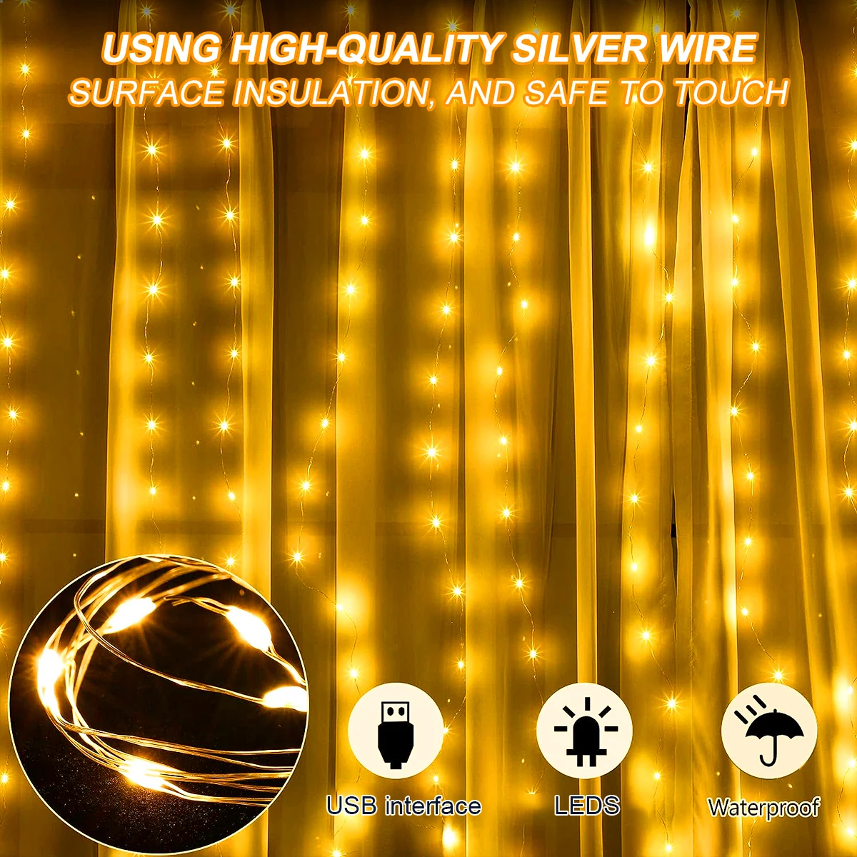 

19.7Ft Led Curtain Lights 400 LED 8 Modes USB With Remote For Home Room Bedroom Wedding Party Christmas Window Wall Decor