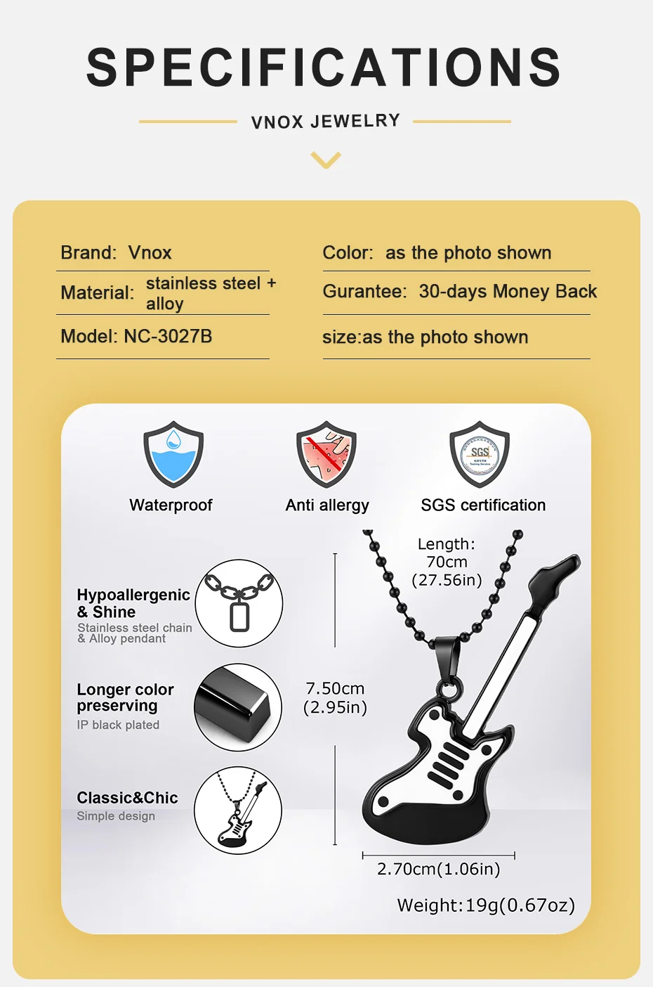 Vnox Herren Gitarren-Anhänger Halskette, Perlenkette Schwarz-Weiß Emaillierter E-Gitarren-Anhänger Halsketten Rock-Musik-Schmuck Party-Geschenk – Detail 4