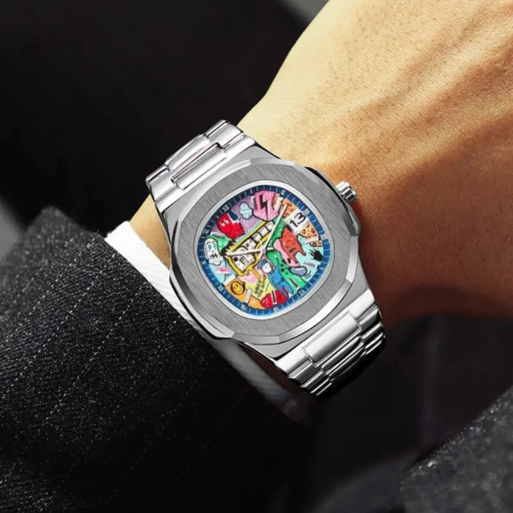 Business Square Comic Cartoon Dial Quartz Men's WatchTop Casual High Quality Steel Top Waterproof Sport Men Watch Male Clock