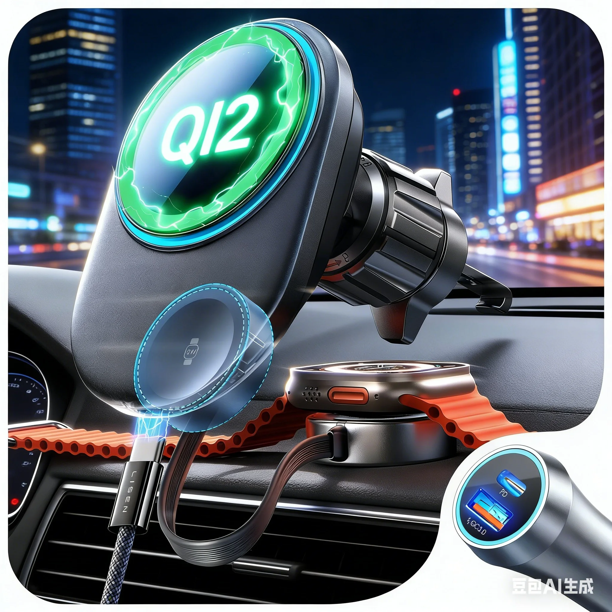 

LISEN 2in1 Magnetic Wireless Car Charger Mount Retractable Cable and Cooling Surface Phone Holder for IPhone and Watch Ultra