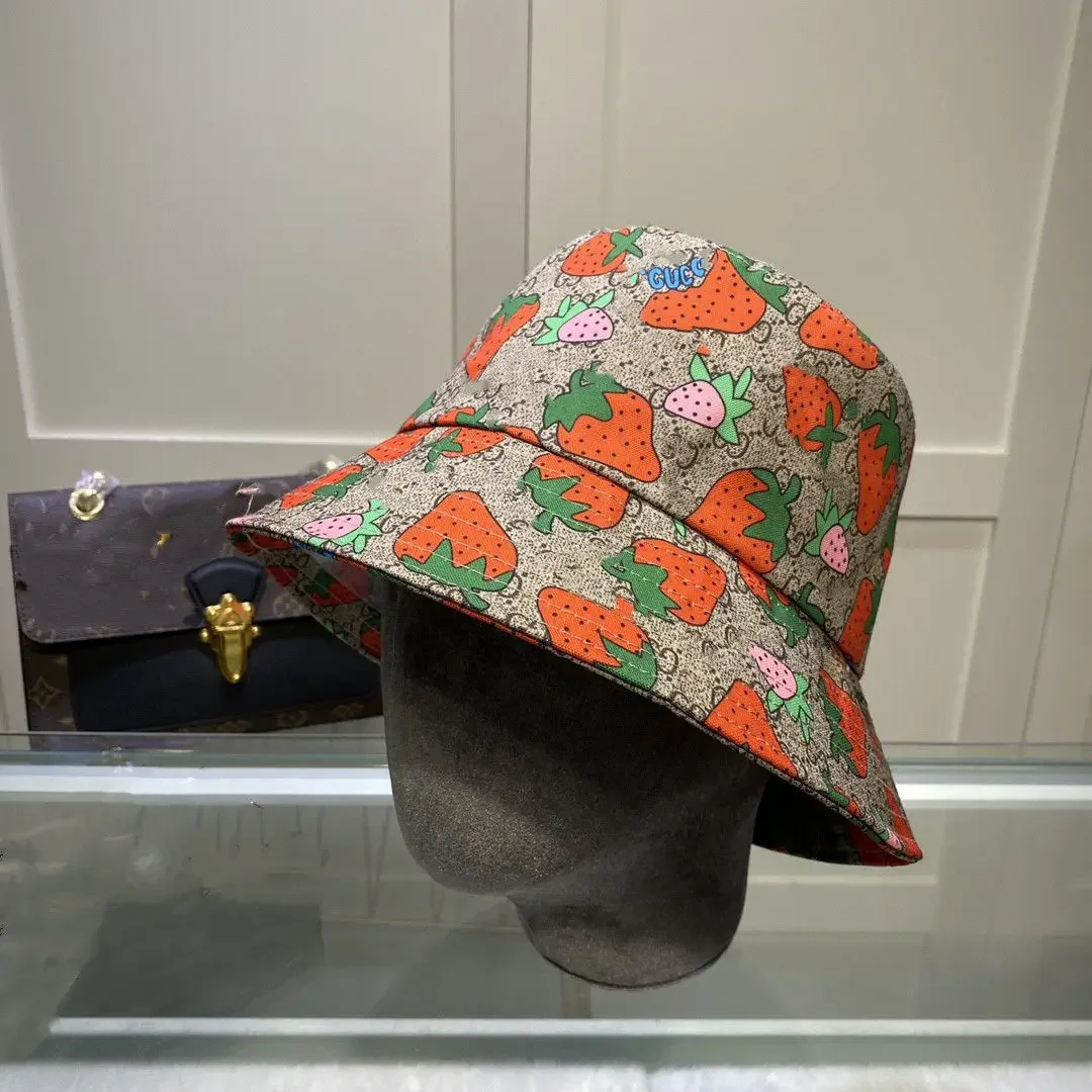 Europe and America Strawberry Bucket Hat Sun Protection Lovers' Hat  Full Printed Fisherman's  Hat