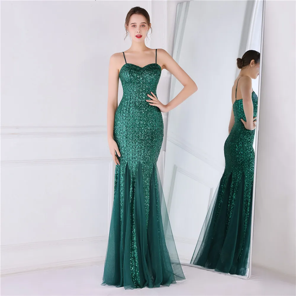 

Spaghetti Strap Sequined Mermaid Evening Party Gown Elegant Floor-Length Slim Fishtail Wedding Dress Women V Neck Banquet Dress