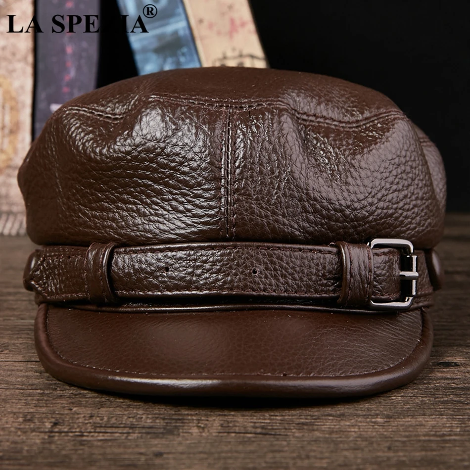 LA SPEZIA 2024 Brand Military Hat Sailor Men Brown Genuine Cow Leather Winter Baker Boy Caps Male Belt Top Quality Captain Hat