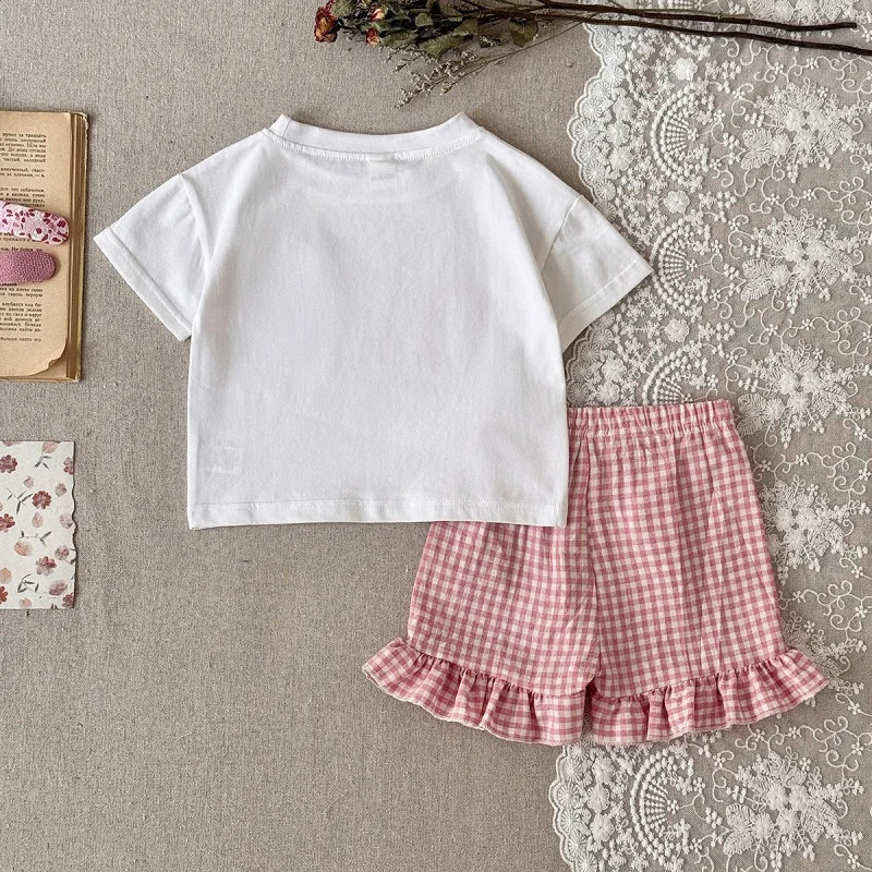 2026 Summer  6M-3Y Children Clothes Girl Sweet Love Pattern Kids Sets Fashionable Outfits Korean Style Plaid Baby Suits