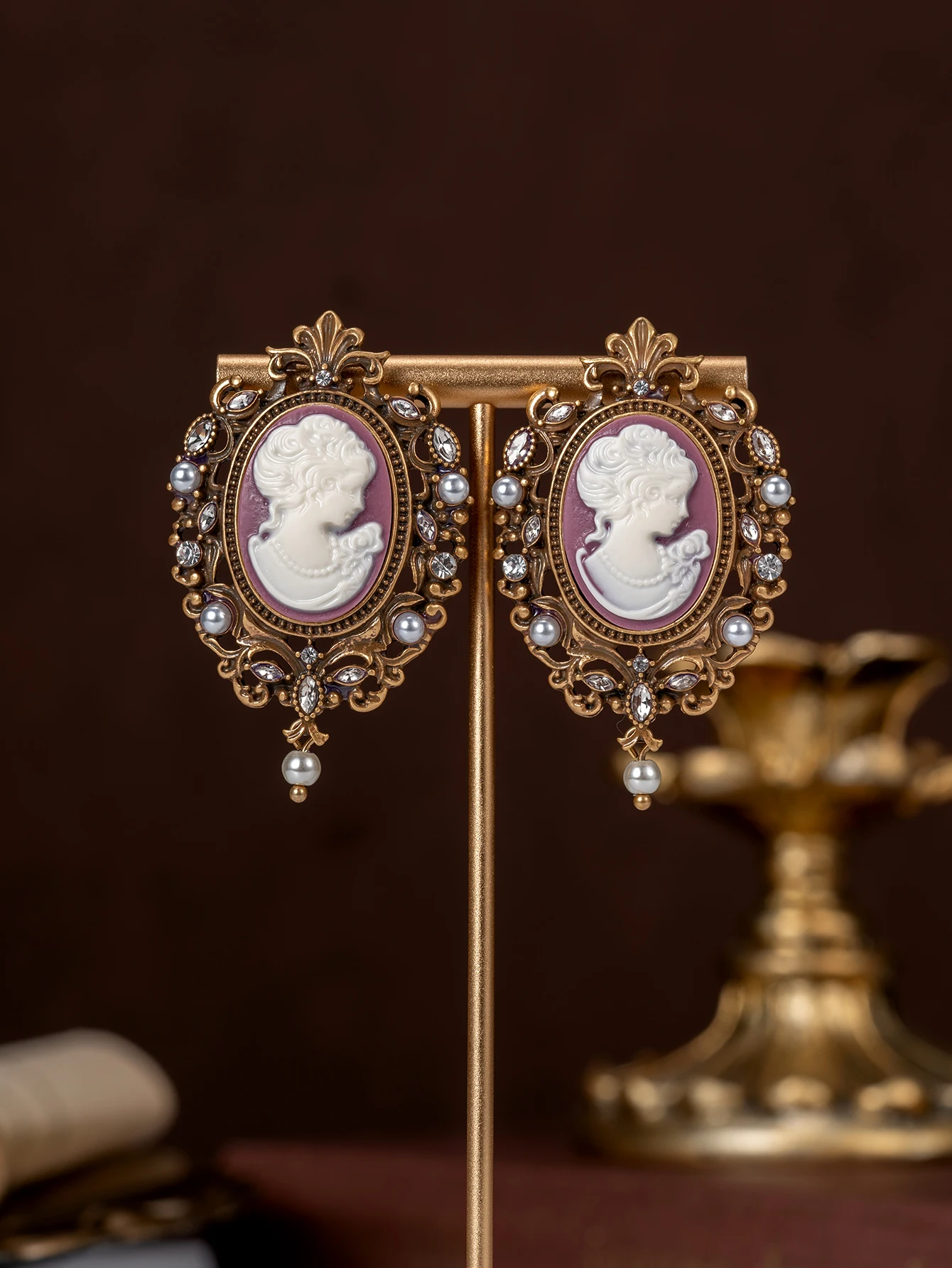 A Set of Vintage Antique-Style Cameo Relief Portrait Necklaces and Earrings Jewelry Set, Made of Aged Copper, Gold, Pearls, and Gemstones, Including a Necklace and Brooch Set