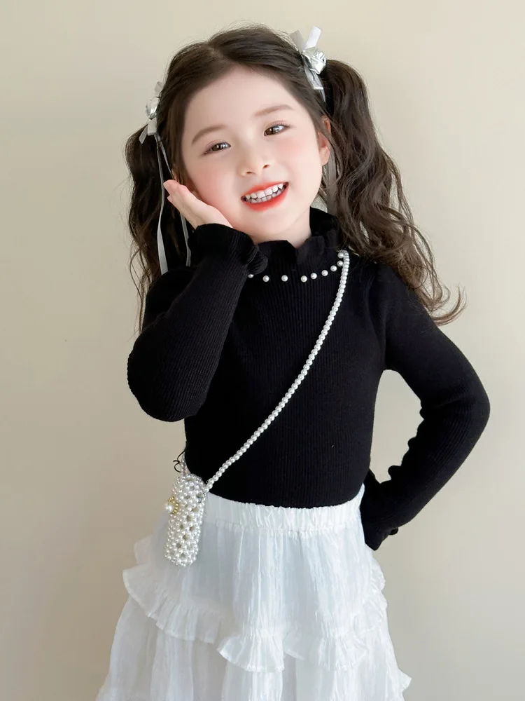 

Girls' Winter Base Shirt2025New Stylish Children's Versatile Pearl Lace Collar Knitted Sweater for Little Girls