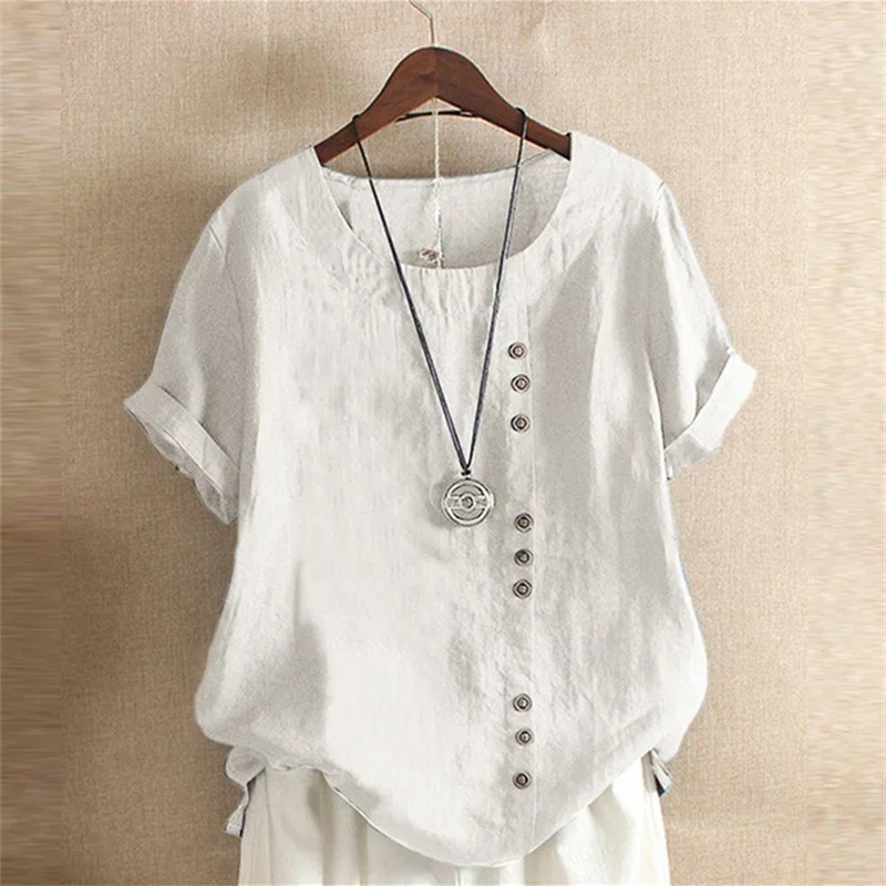 Women Single-breasted Decoration O Neck Pullover Shirt Vintage Cotton Linen Short Sleeves Blouse Comfortable Casual Female Tops